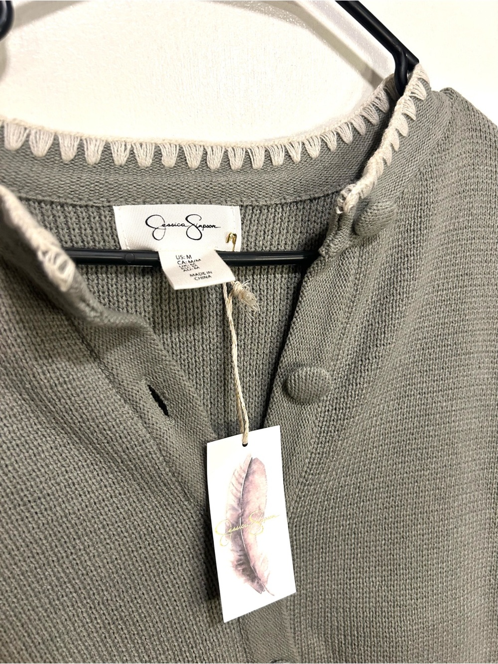 Jessica Simpson Cropped Knit Cardigan in Sage with Cream Trim - Picture 2 of 2